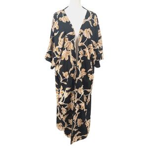 Maison du Soir Floral Print Kimono Robe, Black/Gold, Size S/M